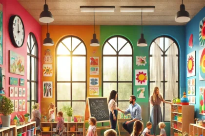 Preschool near me - colorful classroom with children playing and learning activities.